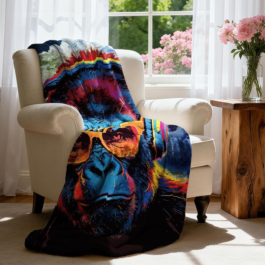 WADORN Cool Gorilla Throw Blanket, Cozy Soft Earth Game Gorilla Throw Blanket Fuzzy 500GSM Flannel Fleece Blankets Plush Funny Monkey Lover Gifts for Office Living Room Sofa Bed Couch Chairs, 59x51“