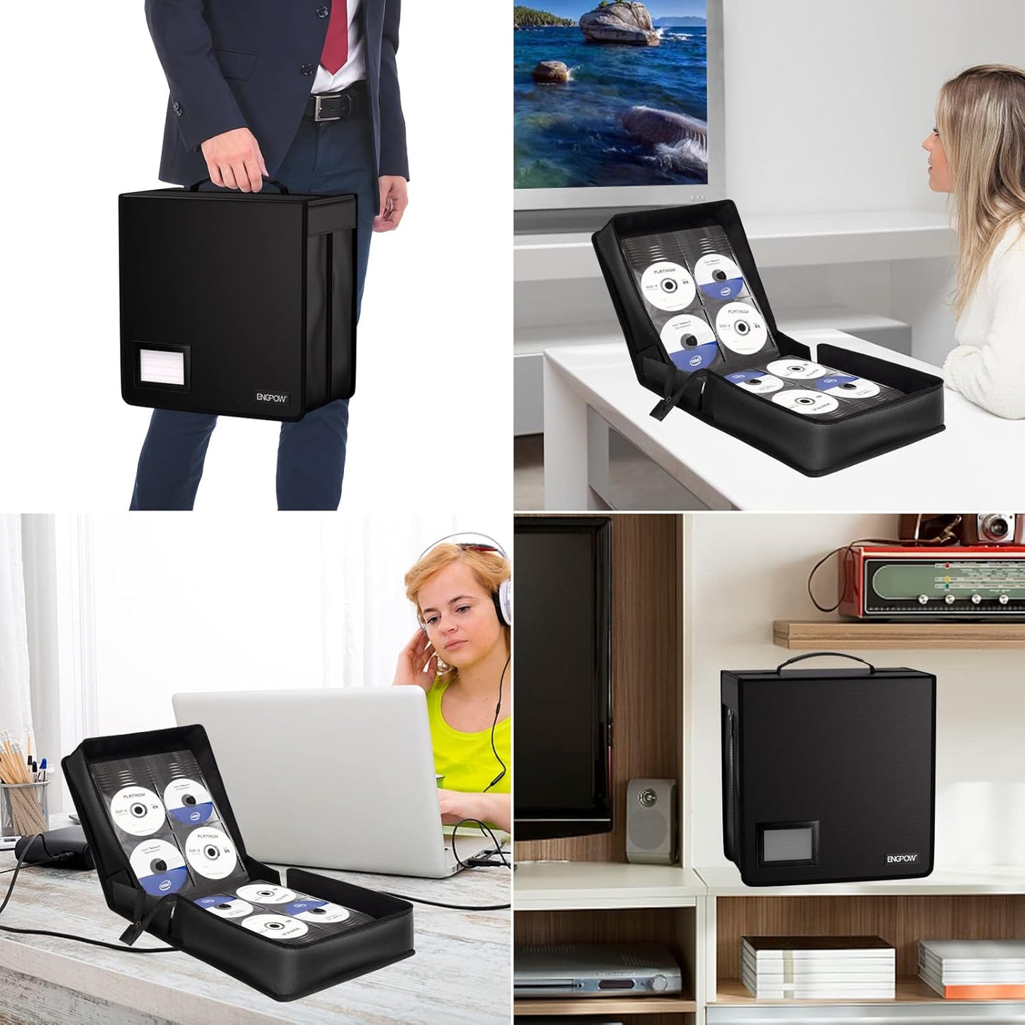 ENGPOW Fireproof CD Case, CD/DVD Storage Box,400 Capacity CD Binder DVD Storage Holder with Zippers, Portable Large Card Media Wallet Organizer Safe for Home Office Travel Car,Black,12.2"x11.8"x7.1"