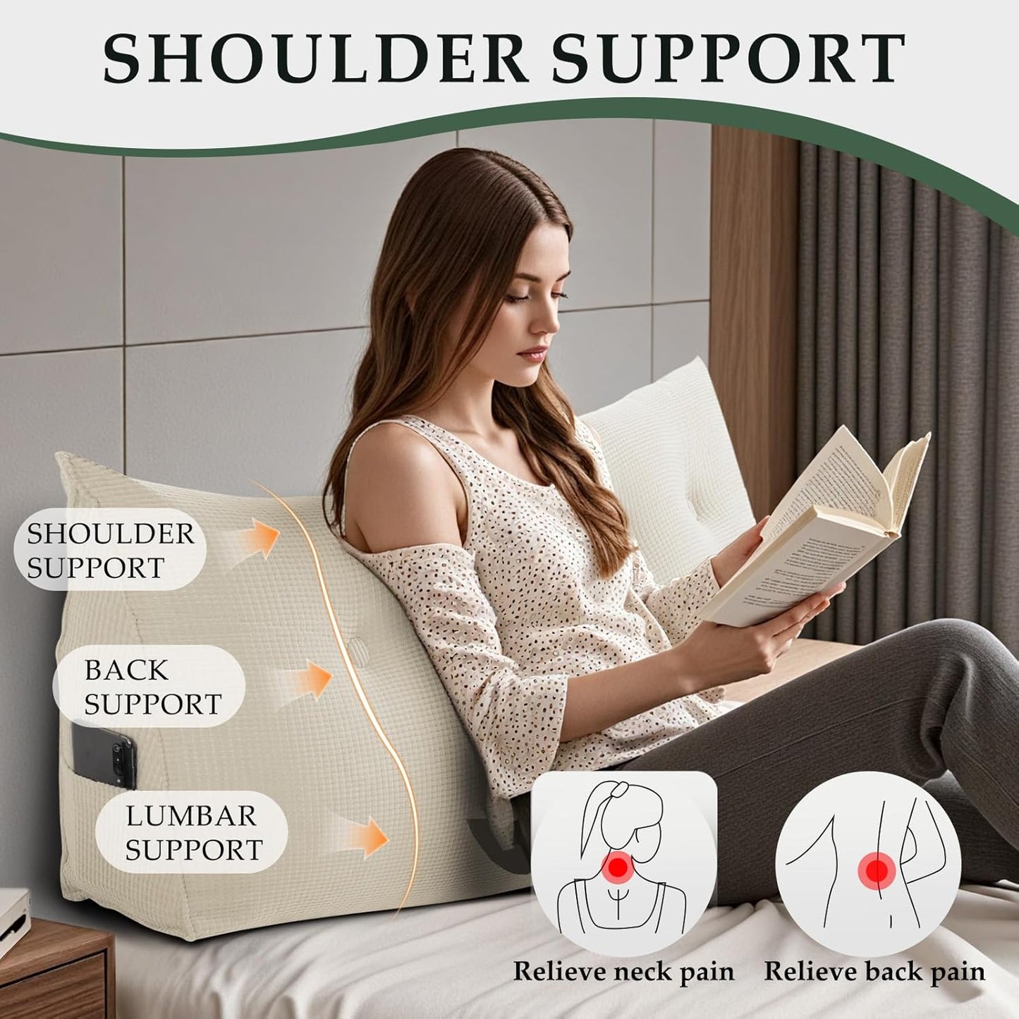 Soft Headboard Pillow Queen Size, Wall Backrest Wedge Pillow Headboard Queen, Reading Backboard Pillows, Large Dorm Daybed Bolster Pillows for Back Support with Removable Cover, Beige