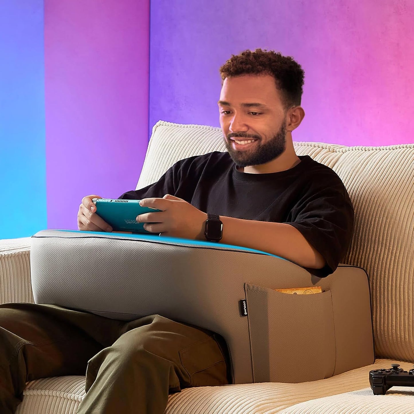 Reading Pillow with Armrests – Extra Large Memory Foam Gaming Pillow for Adult, Lap Desk for Laptop, Arm Rest for Working, Crocheting, Playing Game or Siting in Bed, Floor, Sofa, (Grey)