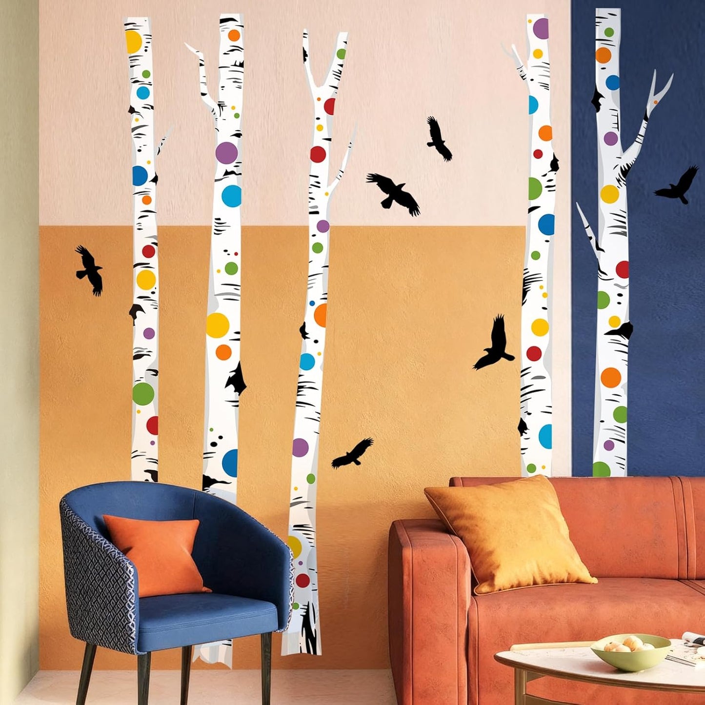 Birch Tree Wall Decals – Colorful Polka Dot Birch Tree Stickers for Aisle Bedroom Office Sofa TV Backdrop, Removable Peel and Stick Decal, Easy DIY Home Décor (5 Trees, H63)