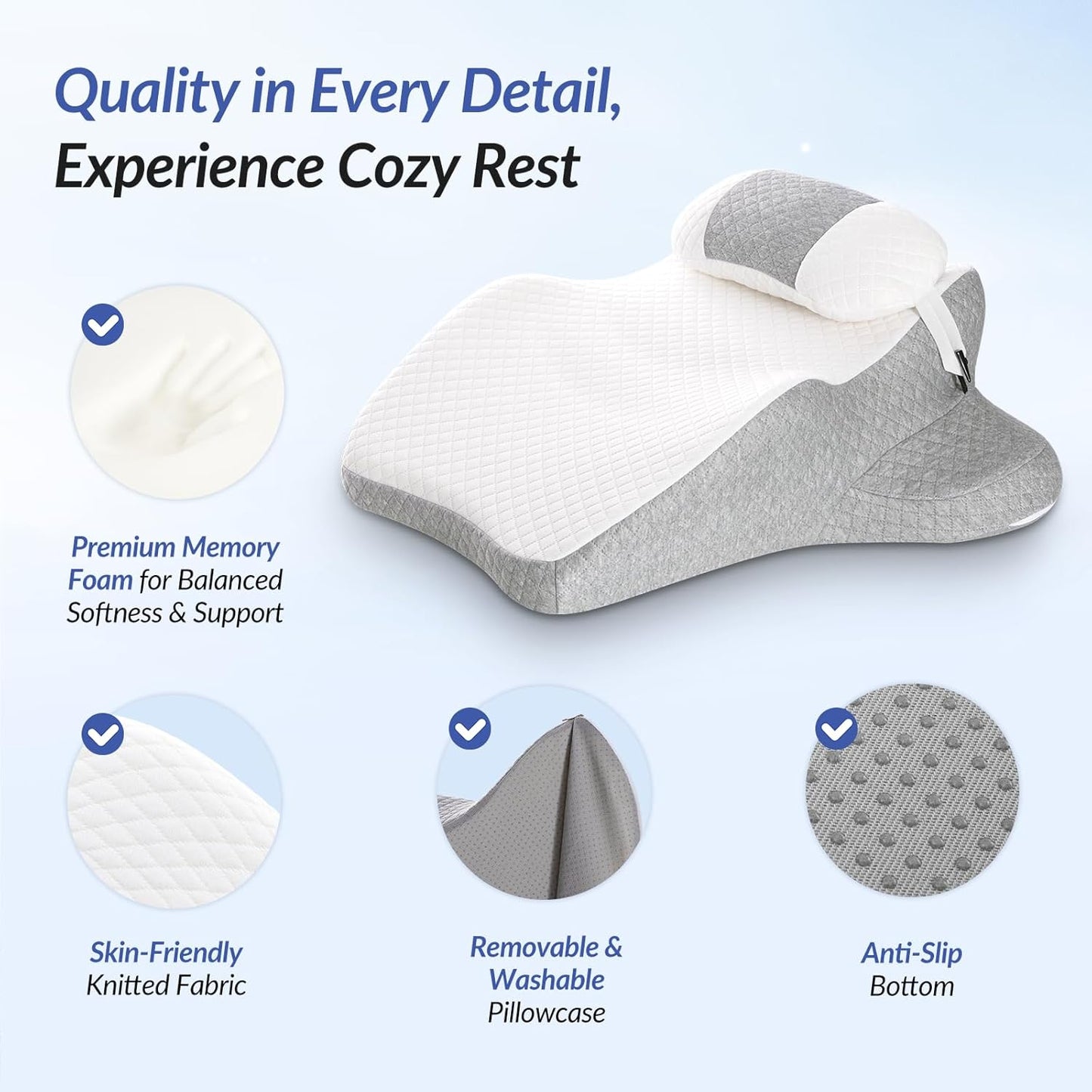 ZIKEE Ergonomic Multi-Positional Wedge Pillow for Stomach Sleepers, Scientific Zoning Design for Effective Shoulder & Back Pain Relief, Memory Foam Body Pillow for Reading, Skin-Friendly Fabric