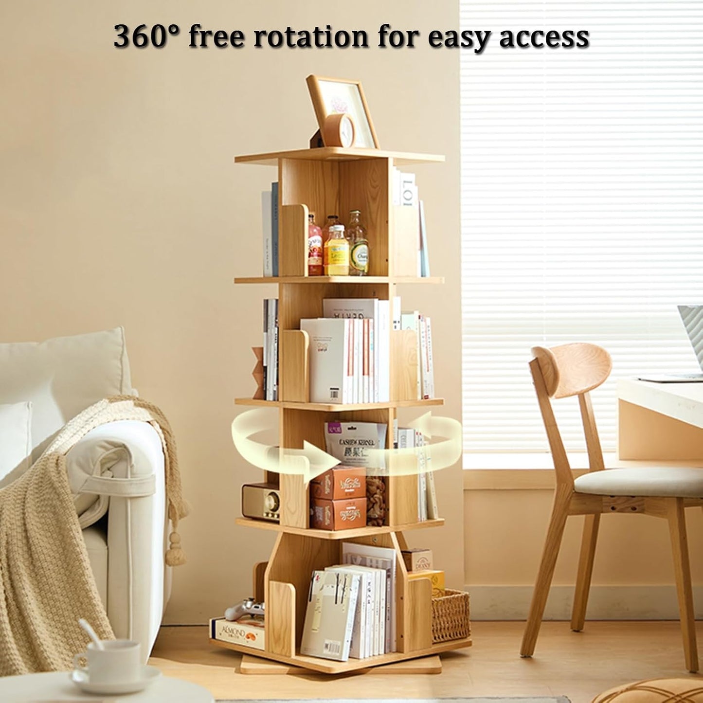 YVYKFZD Rotating Bookshelf Tower, Floor Standing Bookcase, 360 Display Storage Rack, Wood Open Narrow Book Shelf Organizer, for Small Space, Bedroom, Study Room(3 Tier 19.6"x19.6"x38.5")