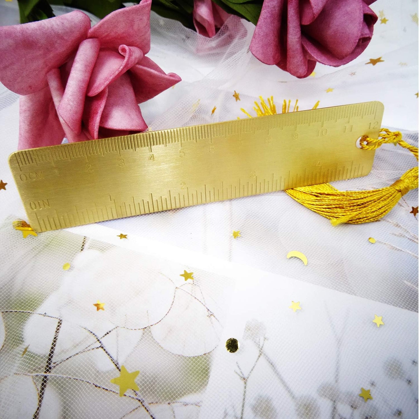 Honbay 2PCS Gold Brass Straight Rulers Metal Copper Bookmarks with Tassels for Home School Library or Travel (5 Inch)