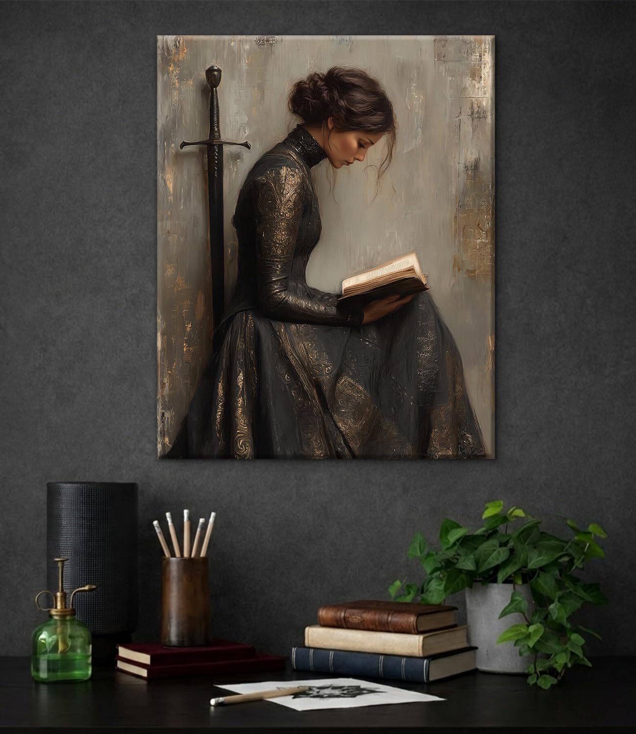 Victorian Woman Reading Wall Art Print - Vintage Dark Academia Canvas Poster Painting - Moody Wall Decor for Home Reading Nook Library 8x10 Inch Framed