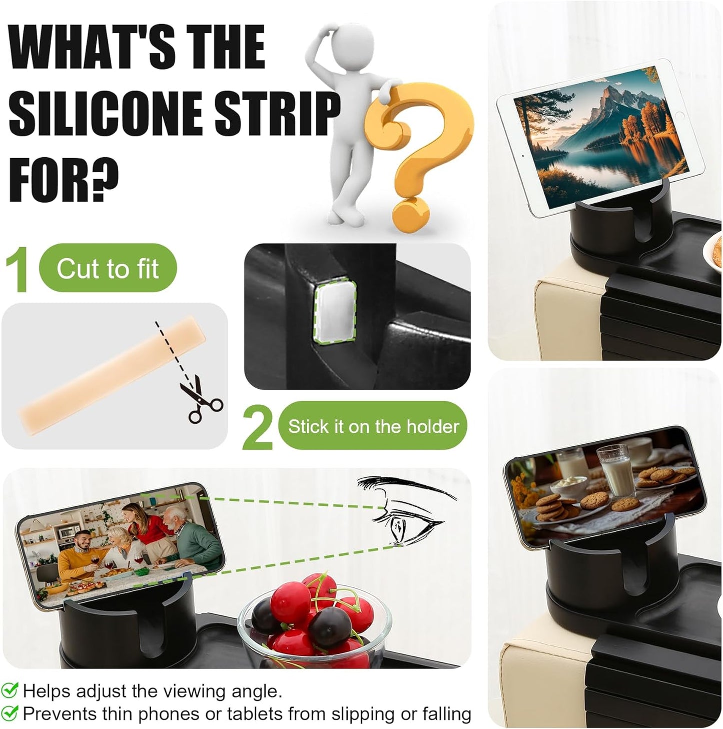 Couch Cup Holder,Bamboo Couch Arm Tray with 360° Rotating Cup Holder,Foldable Anti-Slip Sofa Arm Chair Tray for Eating Snack Drink Side Table