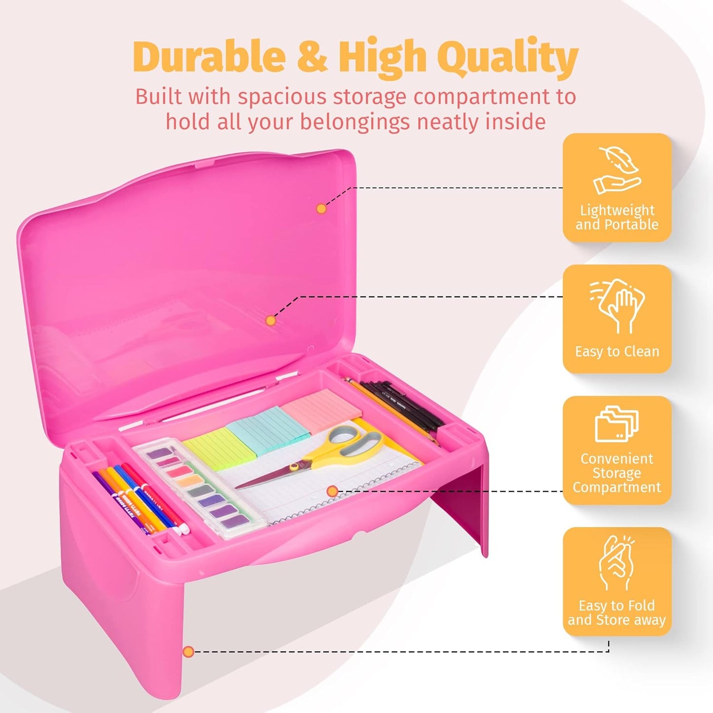Pink Folding Lap Desk - Foldable Table for Work, Study, Gaming, Arts, Crafts, School - Collapsible Laptop Tray with Storage Compartment - Portable Writing Station for Kids, Adults