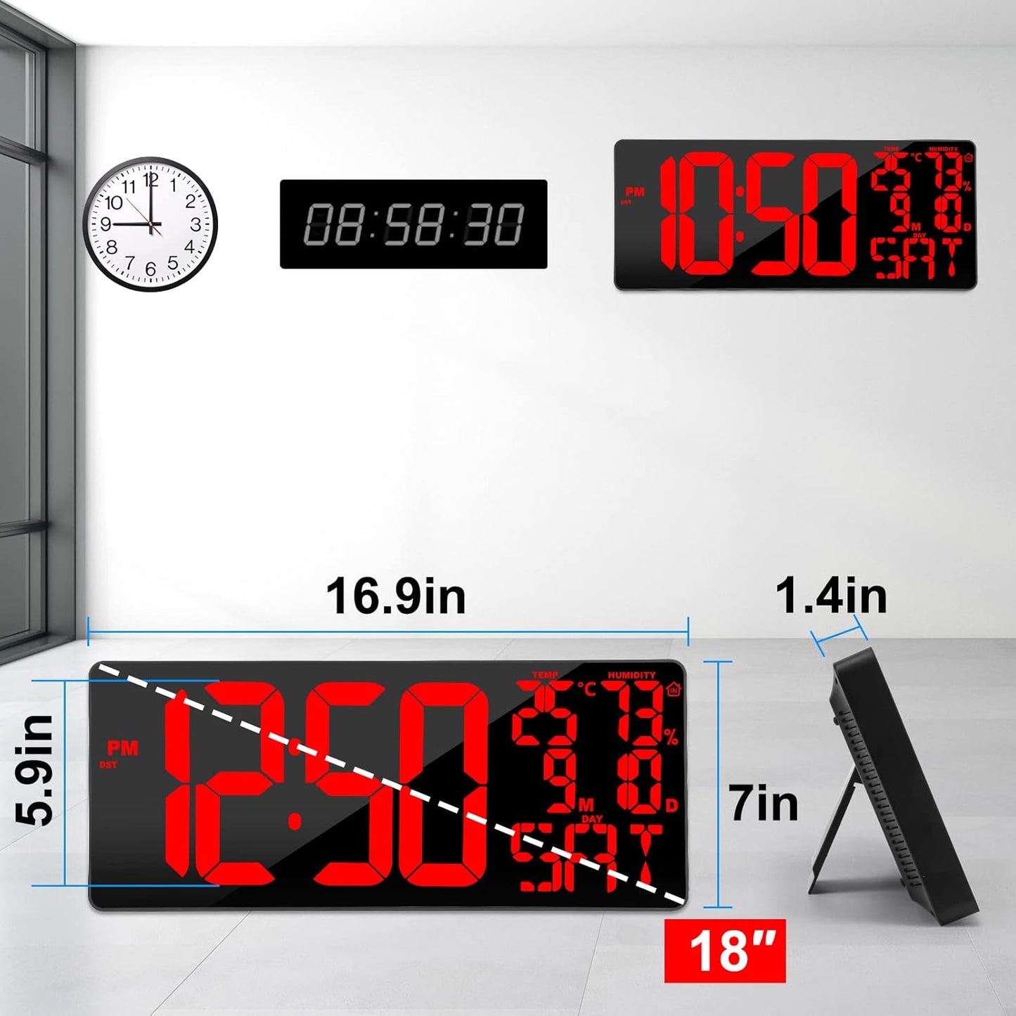 [2024 New] 18" Digital Wall Clock Large Display/Bluetooth Sync Time, Large Wall Clock with Remote Control, Auto DST, Alarm, Temperature and Date - Easy to Read and Set Timer
