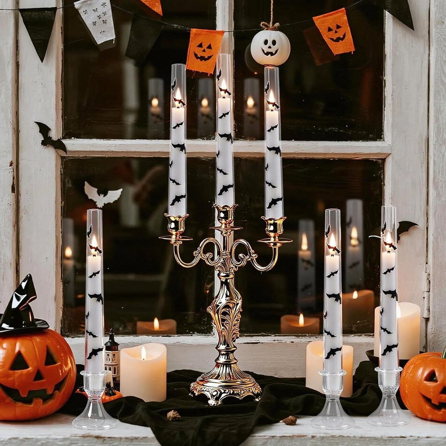 GenSwin Halloween Flameless Taper Candles, 4 Pack Bats LED Taper Candles Battery Operated with Remote Timer, Acrylic Flameless Candlesticks with Bat Prints for Halloween Decor(0.78” x 7.87”)