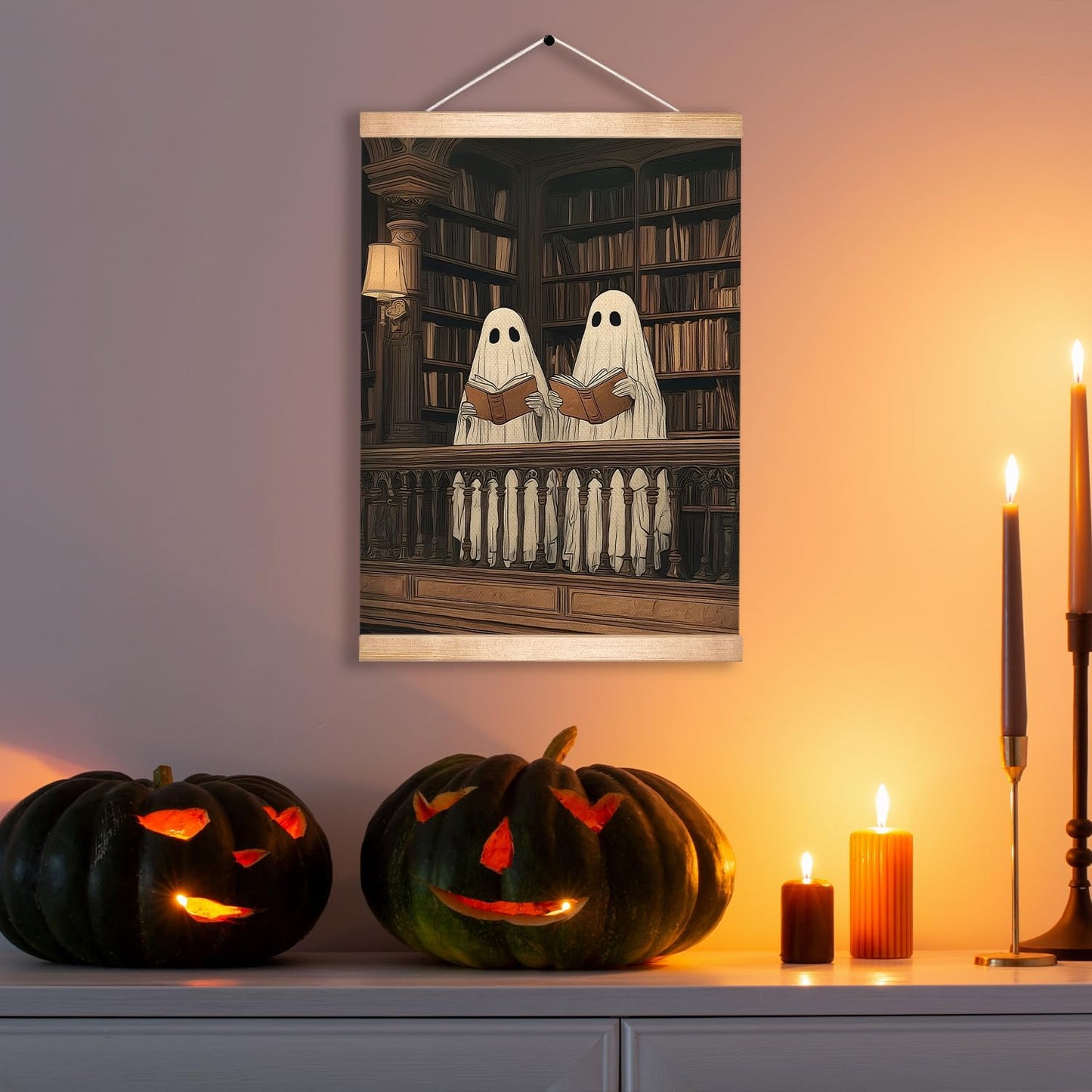 HEYJEEPER Cozy Ghost Wall Art, Reading Ghost Poster, Bookish Aesthetic Artwork Wall Hanging Decor for Library, Bedroom, Living Room, Calm Literary Home Decor,Bookworm Gift 14x18.5Inch(Colorful - Ghost04)