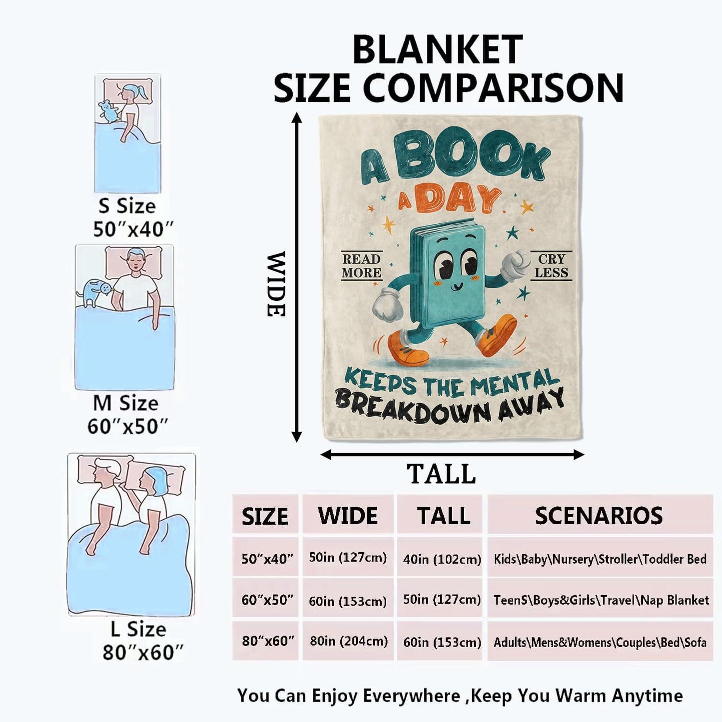 Funny Book Reading Blanket, Cartoon Quote Flannel Throw Blankets, 50"x60", Soft Warm Lightweight Fuzzy Cozy Throws for Couch Bed Sofa Decorative Gifts for Book Lover Teen Women, Beige