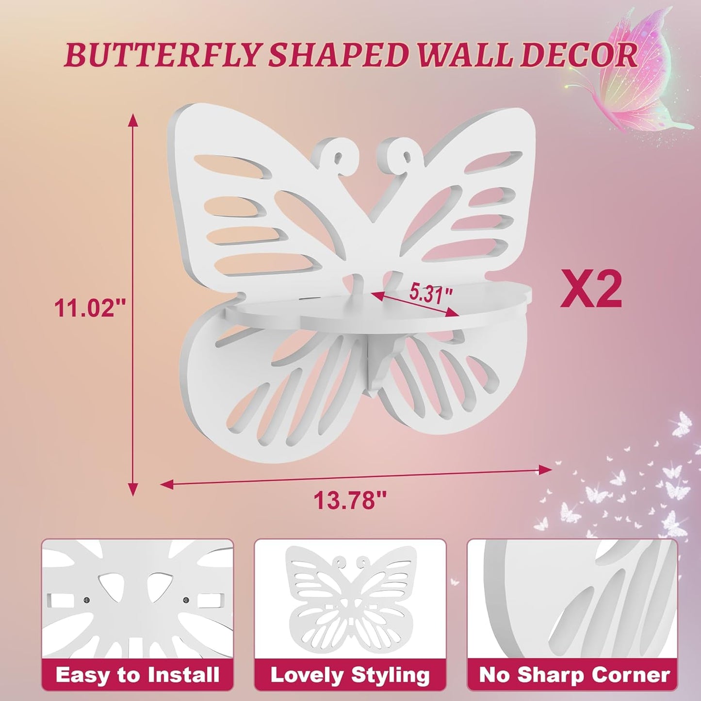 White Butterfly Shelves 2 Tier - Nursery Wall Deor Floating Shelf, Cute Wall Display Rack for Kid’s Room, Small Decorative Shelf Wall Mounted, Hanging Wall Shelf for Toys, Plants Storage.