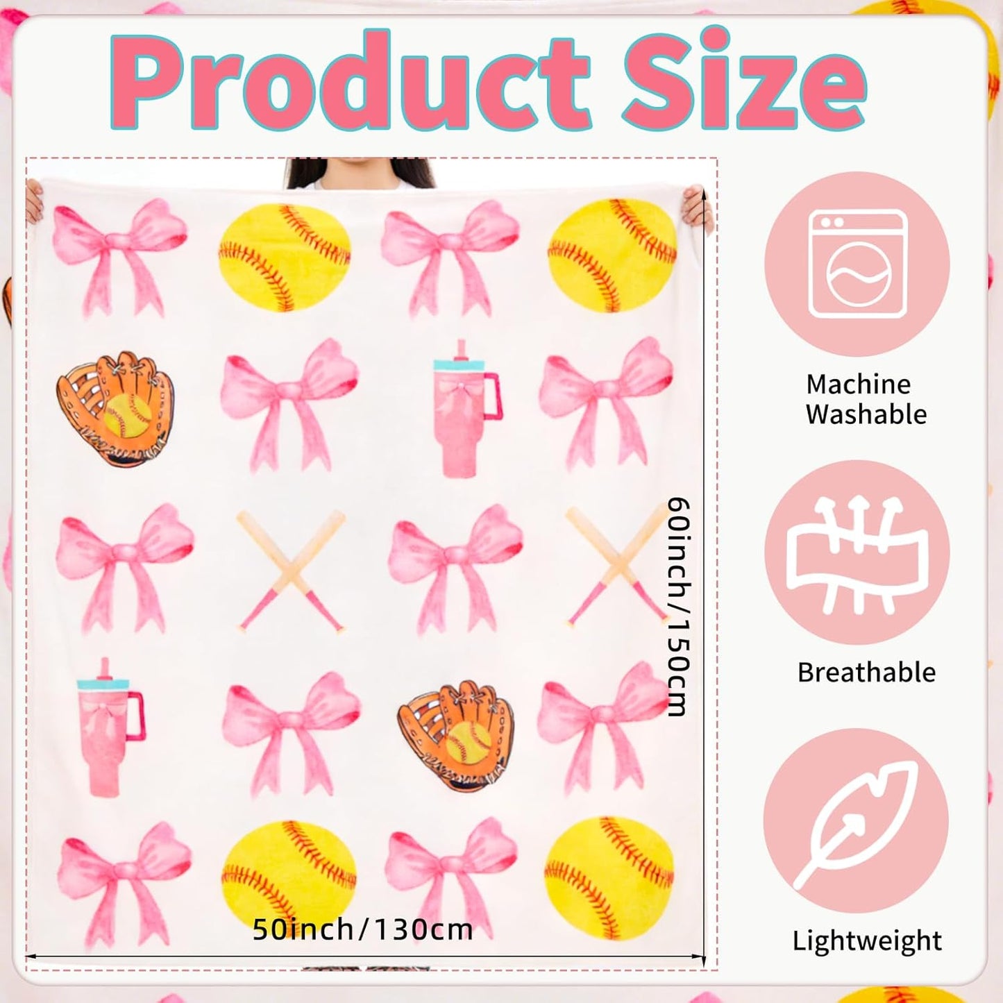 Pink Softball Bow Blanket 50x60 Inch Pink Coquette Bow Flannel Throw Blanket Team Gifts for Girls Women, Cozy Fleece Sports Blanket for Couch Bed Game Day Team Coach Senior Night