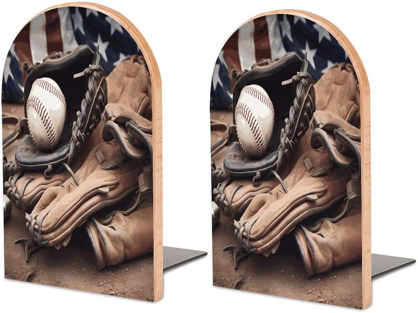 Baseball Equipment Bookend for Shelves Wooden Book End Large Size Sturdy Book Holders Stoppers with Metal Base for Bookshelves Slick Decorative Bookends Stands
