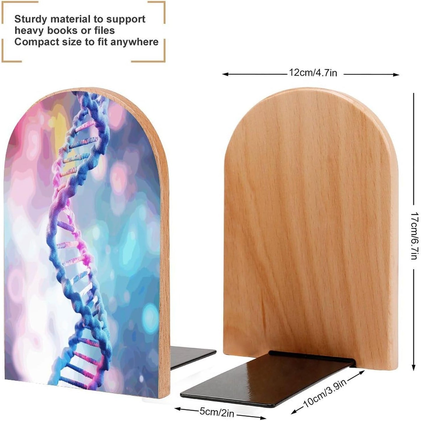 DNA in Bookend for Shelves Wooden Book End Large Size Sturdy Book Holders Stoppers with Metal Base for Bookshelves Slick Decorative Bookends Stands