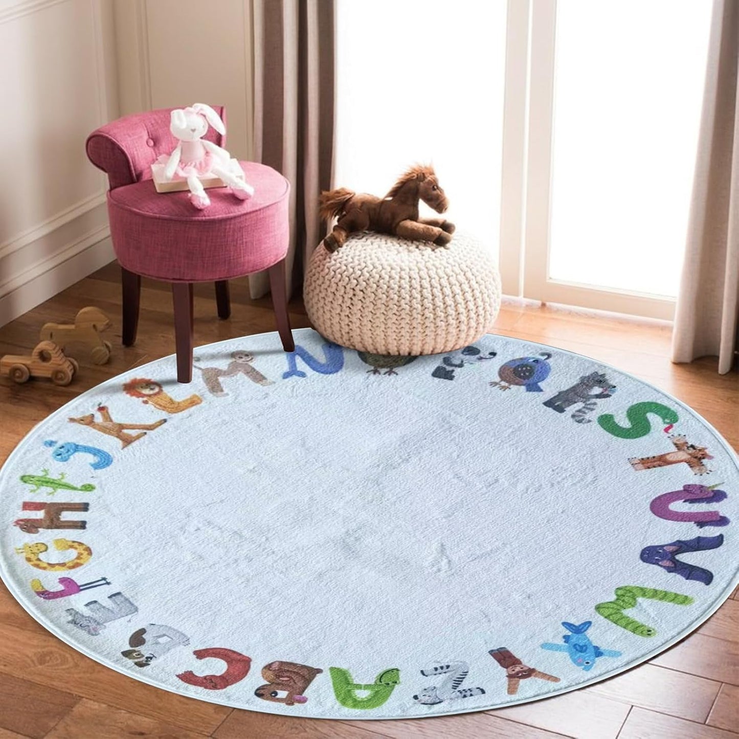 4ft Round ABC Kids Play Rug - Soft Crawling Mat, Non Slip Alphabet Educational Rug for Toddlers, Baby, Nursery, Playroom, Classroom, Bedroom Decor
