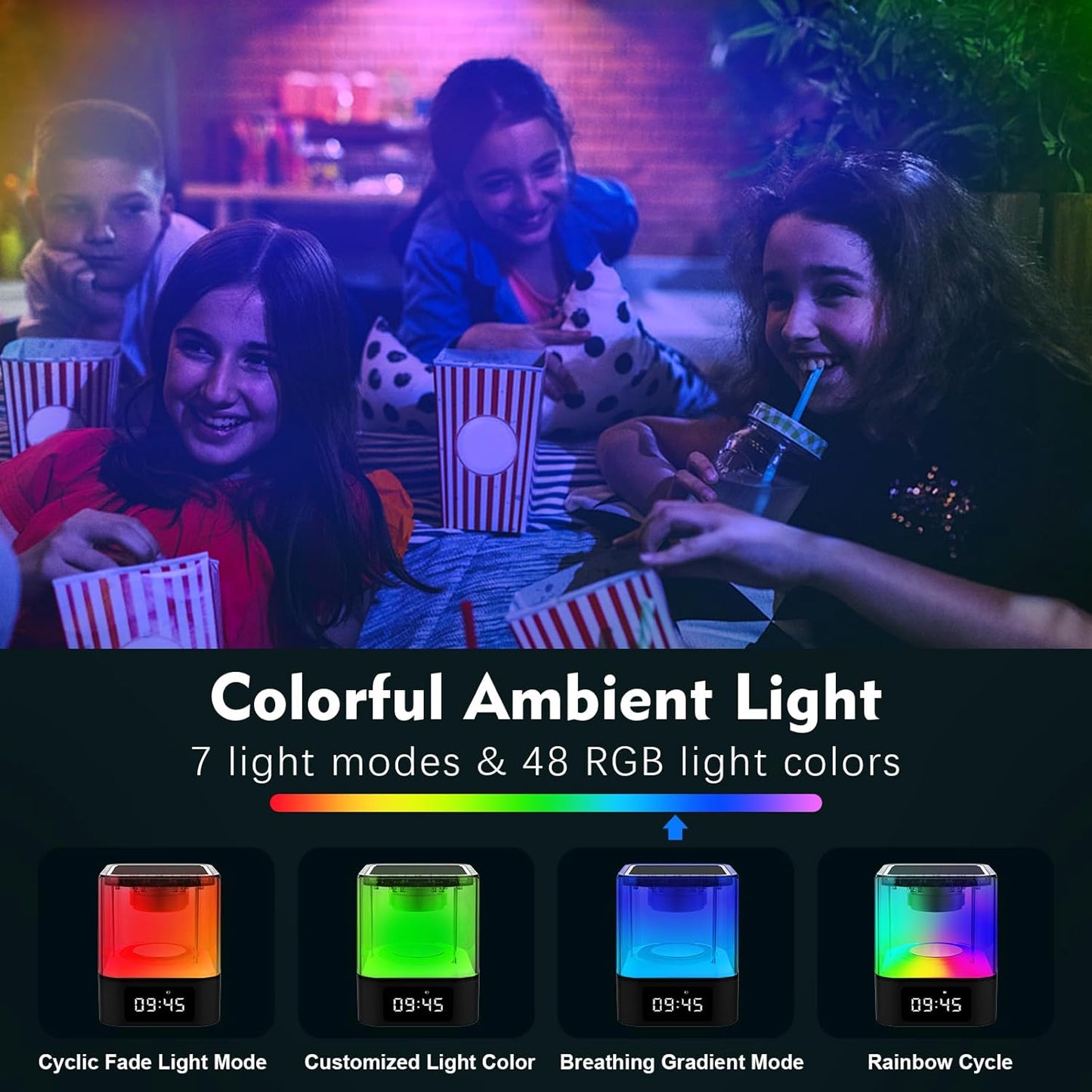 Night Light Bluetooth Speaker, Multi-Functional Dual Alarm Clock, MP3 Player, Touch Sensor Bedside Lamp, 48 RGB Color Changing, Gifts for 10 11 12 13 14 Year Old Teenage Boys Girls