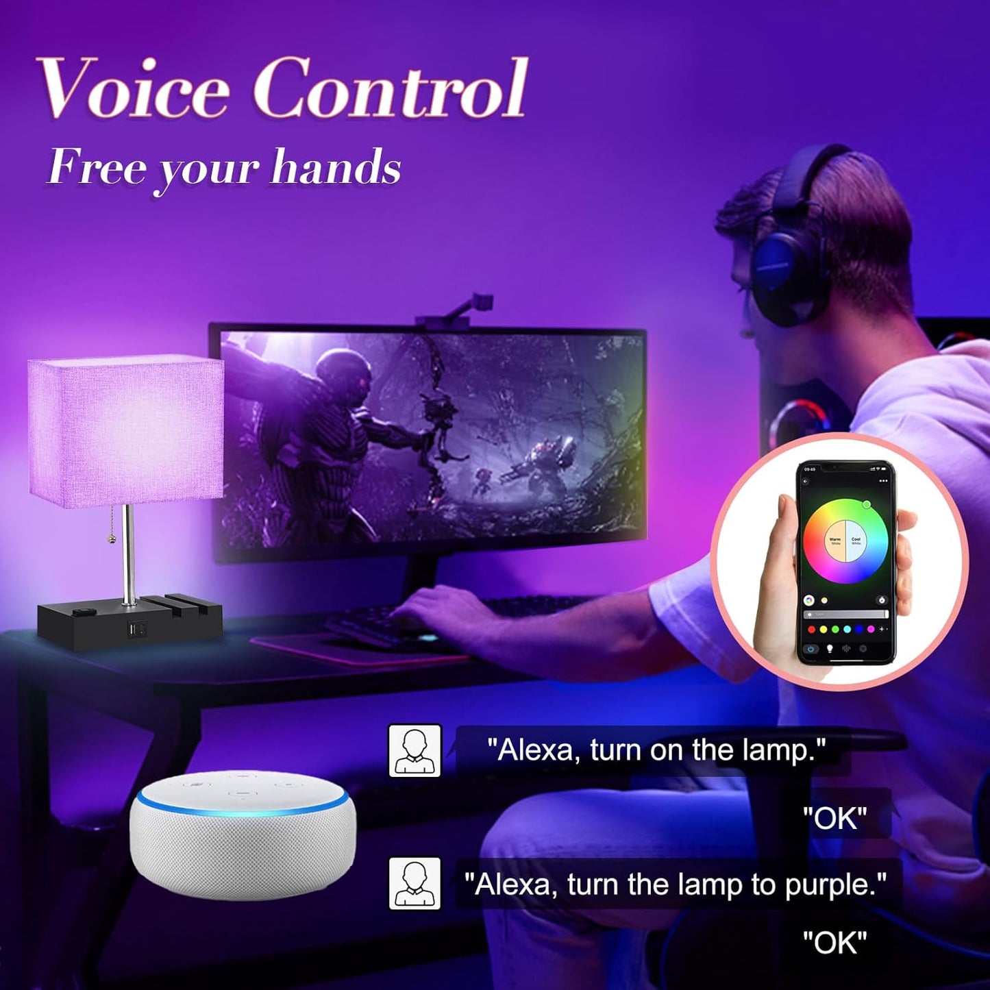 RGB Smart Table Lamp with Remote Control - Alexa Lamp for Bedroom with Voice & APP Control & Music Sync, Dimmable Nightstand Lamp with Charging Station for Living Room, Alexa Bulb Included