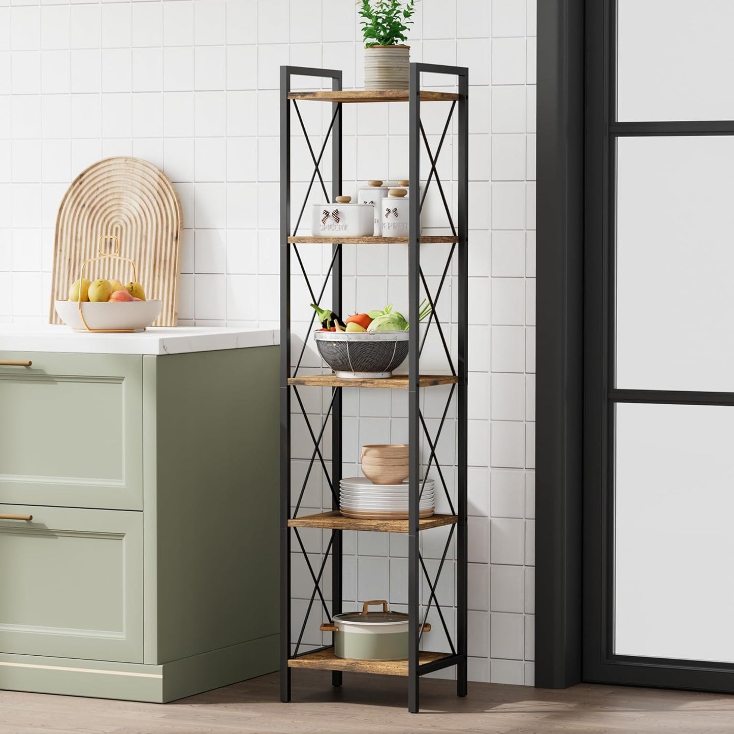 Homhedy 5 Tier Bookshelf, Tall Narrow Bookcase for Small Space, Metal Storage Book Shelf, for Home Office, Living Room, Kitchen, Bedroom, Industrial Style, 10.4" D x 13" W x 55.1" H, Rustic Brown