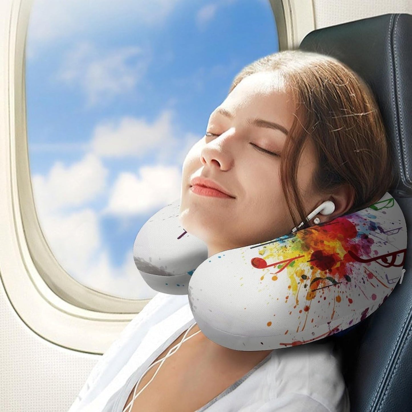 Colorful Music Neck Pillow Memory Foam U Shaped Pillows Portable Pillows for Shoulder Travel Head Support Pillow with Concealed Zipper for Airplane Car Home Office