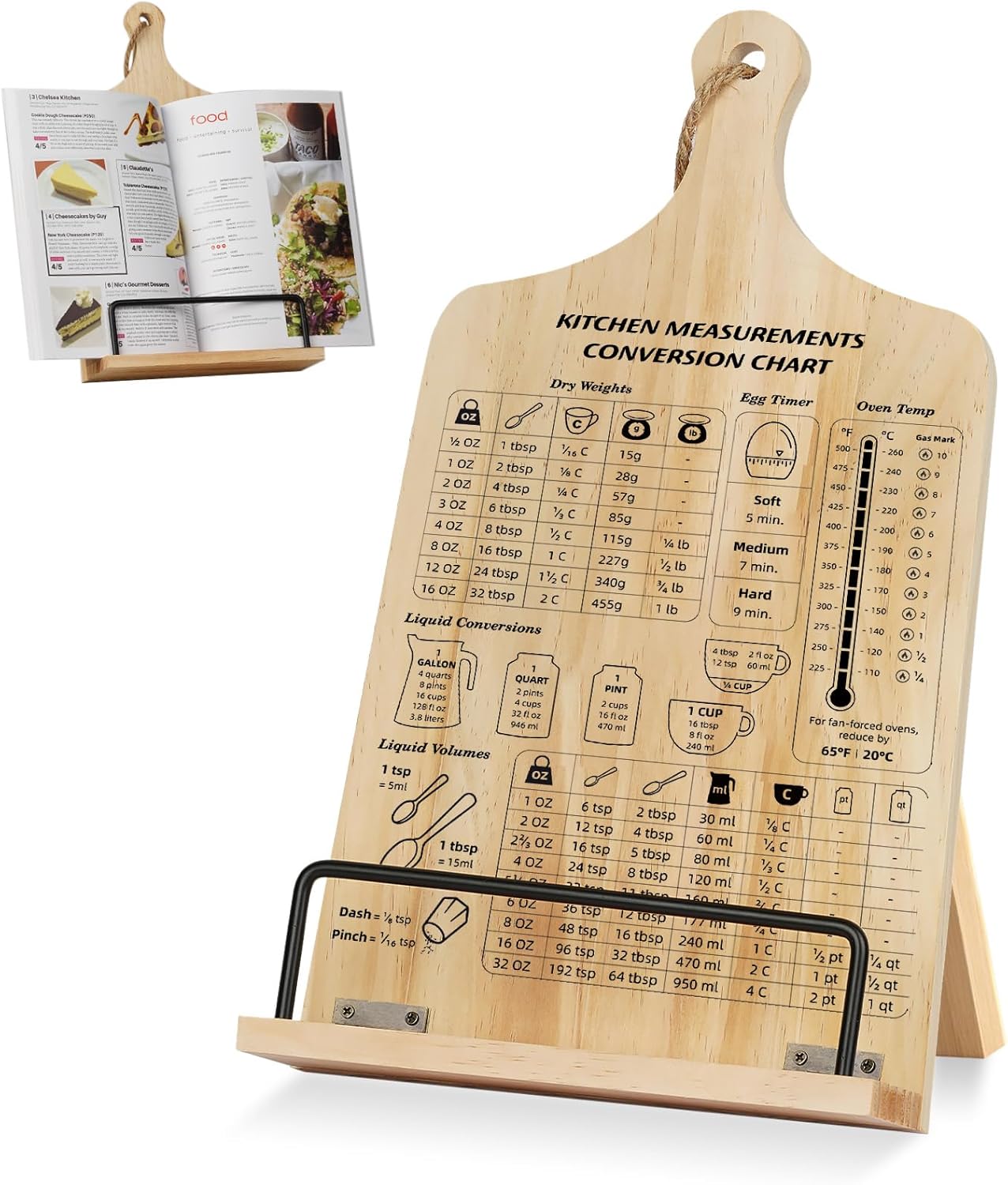 Kitchen Conversion Chart Cookbook Stand, Wood Cook Book Holder, Recipe Cookbook Holder Stand with Kitchen Counters, Baking Valentines Day Birthday Gifts for Women, Accessiores for Holding Cookbooks