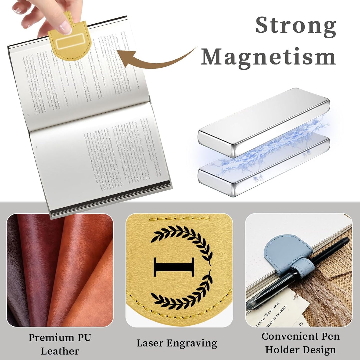 Personalized Magnetic Bookmark Pen Holder, Leather Book Marks for Reading Women& Men, Engraving 26 Letters Name Initial Bookmarks with Pencil Pen Holder, Gift for Book Lovers, Readers (Purple, A)