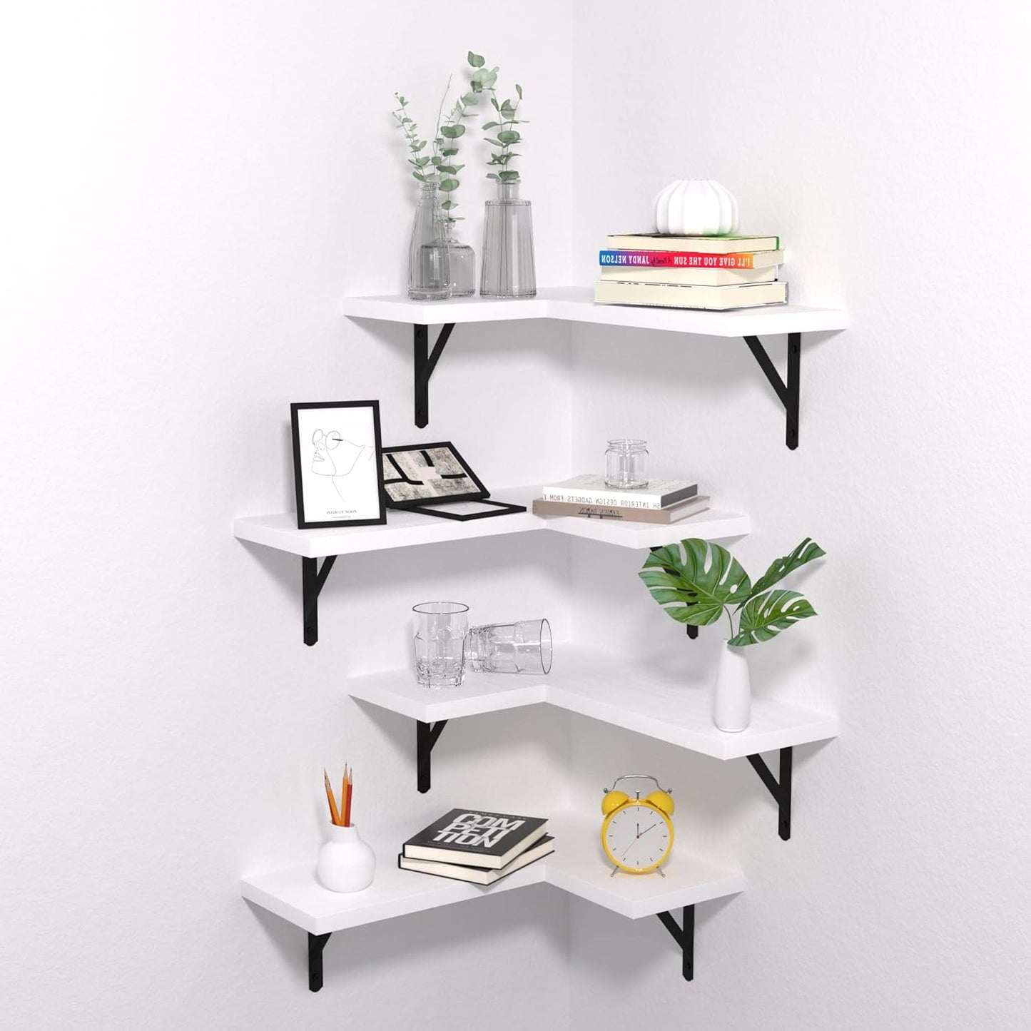 NATURE'S SOURCE Corner Floating Shelves Set of 4, Corner Shelves Wall Mounted, for Bedroom Kitchen Living Room Bathroom Office- Modern Style (White, Set of 4)
