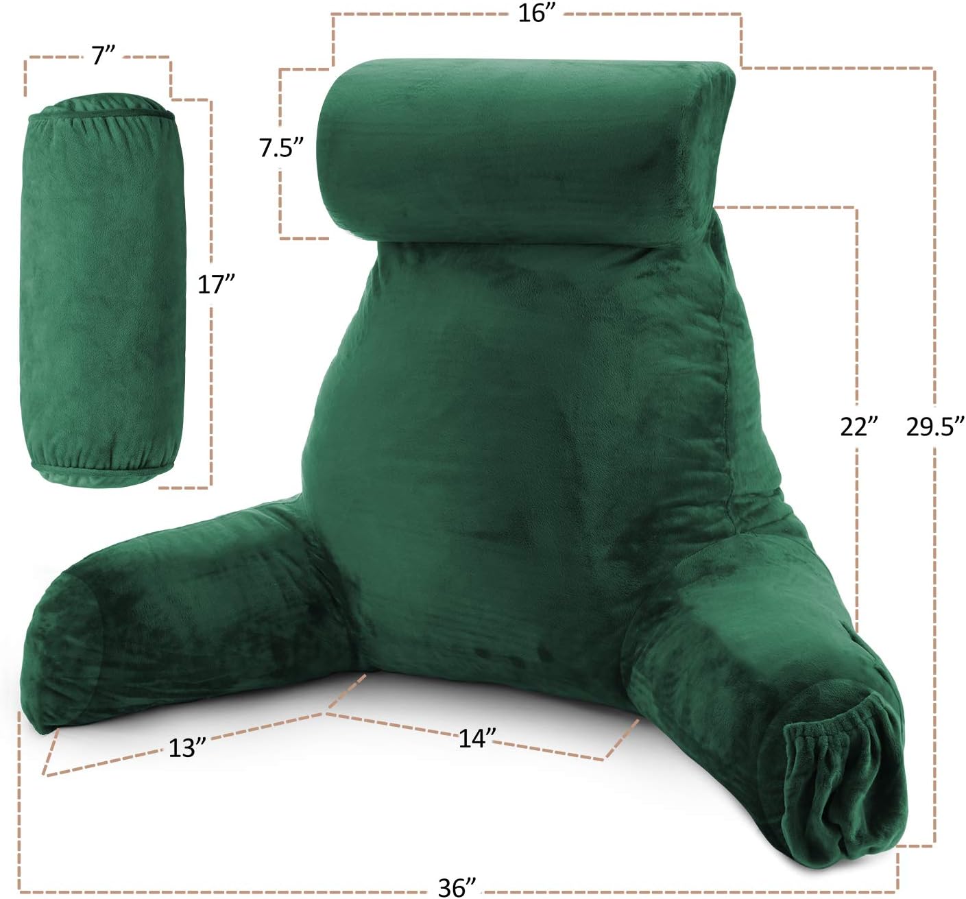 Clara Clark Reading Pillow with Shredded Memory Foam Includes 2 Neck and Lumber Support Pillows, Designed for Sitting Up in Bed and Couch Back and Arms Adjustable Support for Adults & Teens Dark Green