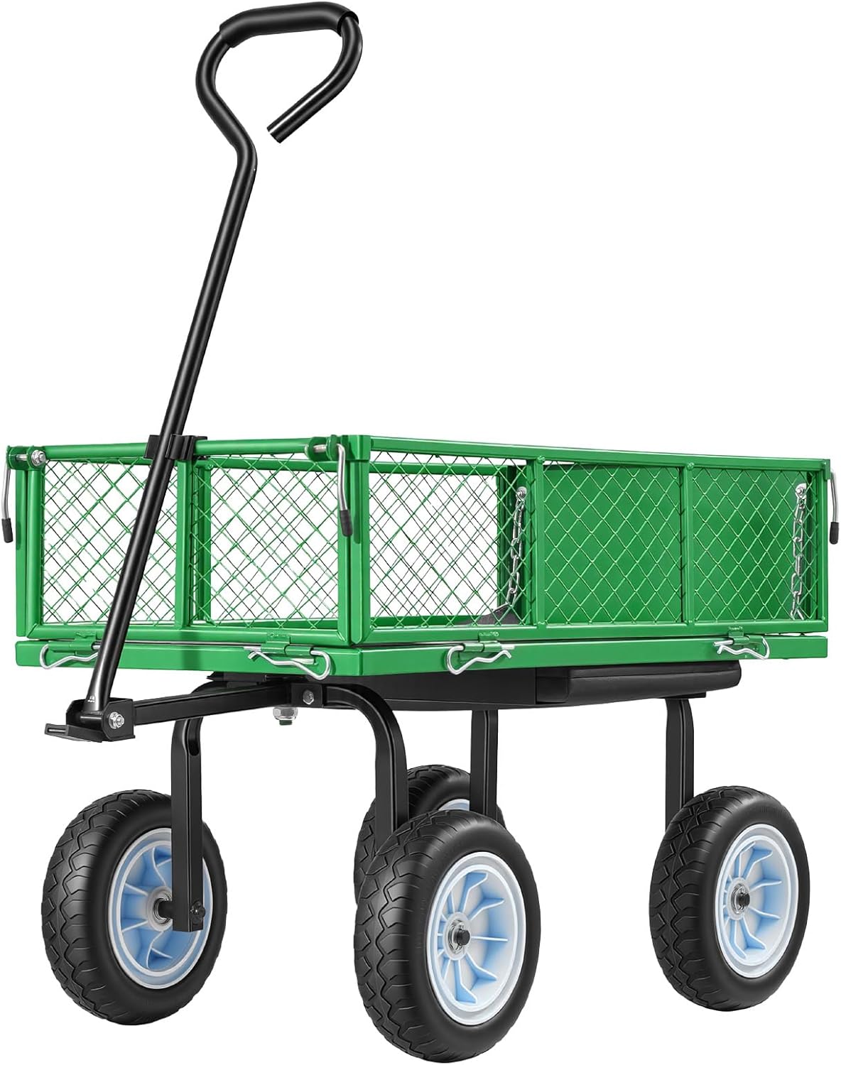 VEVOR 500 LBS Steel Garden Cart with Work Seat, Heavy Duty Garden Wagon Cart on Wheels, Outdoor Metal Utility Yard Wagon Gardening Stool with 10inch Flat Free Tires & Adjustable Handle, Green