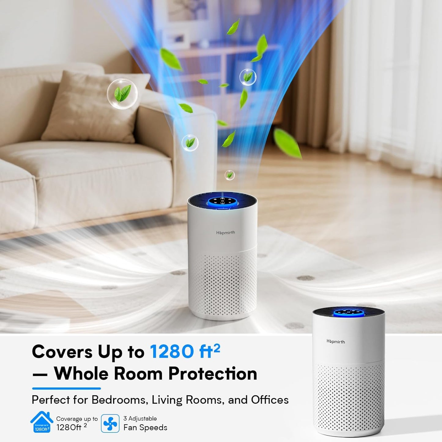 Upgraded Air Purifiers for Bedroom & Home with H14 True HEPA Filter, Covers Up to 1280ft², 360° Air Intake, Quiet Pet Air Purifier, Fragrance & Timer,Removes Smoke, Pet Dander & Pollen,White