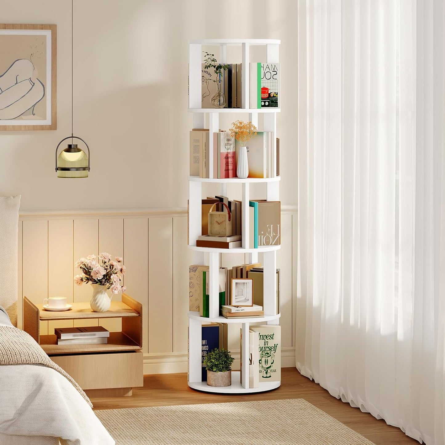 5-Tier Rotating Bookshelf, 360° Spinning Bookshelf Tower, Floor Standing Round Revolving Bookcase, Display Rack for Books, CDs, for Living Room, Study, Bedroom, White BKWT6501
