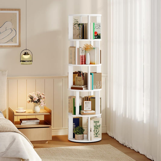 5-Tier Rotating Bookshelf, 360° Spinning Bookshelf Tower, Floor Standing Round Revolving Bookcase, Display Rack for Books, CDs, for Living Room, Study, Bedroom, White BKWT6501