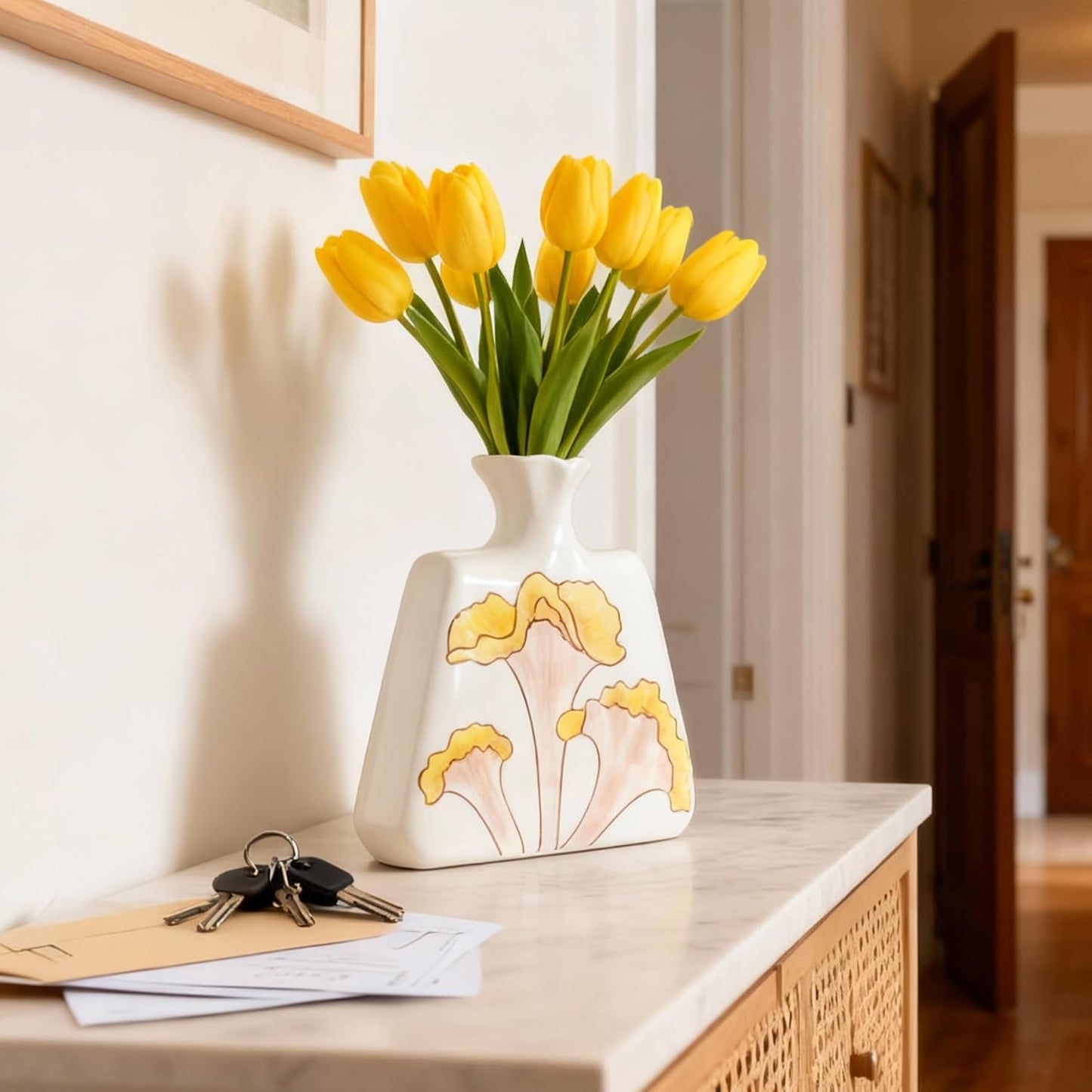 Modern Ceramic Flat Vase - 6.1" Small Decorative Flower Vase with Yellow Botanical Pattern - Boho Minimalist Home Decor for Bookshelf, Mantle & Desk