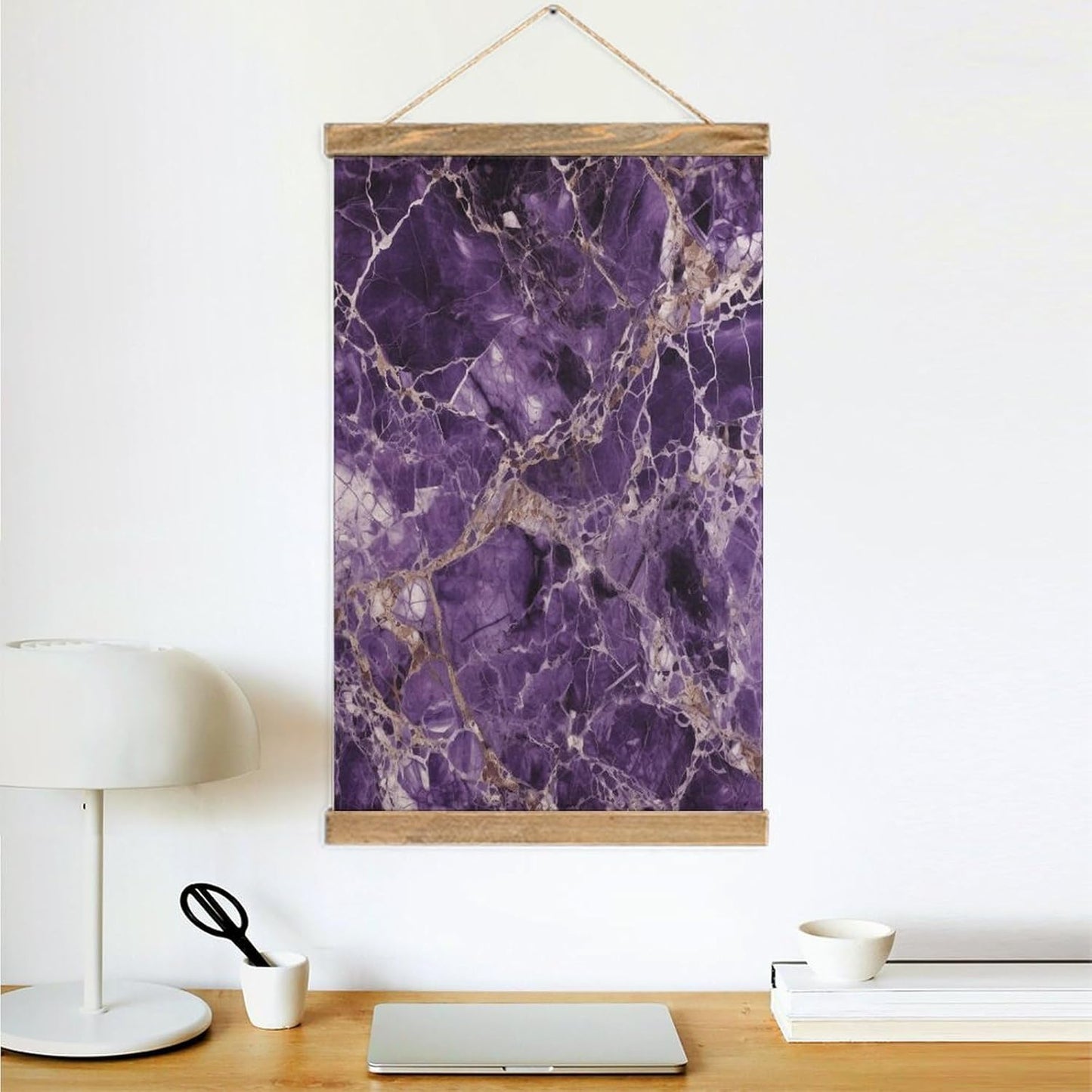 Vintage Marble Purple Poster with Wooden Frame Personalized Linen Hanging Scroll Painting Rustic Wall Hanging Illustrative Modern Artwork Decor for Home Living Room Bedroom Office
