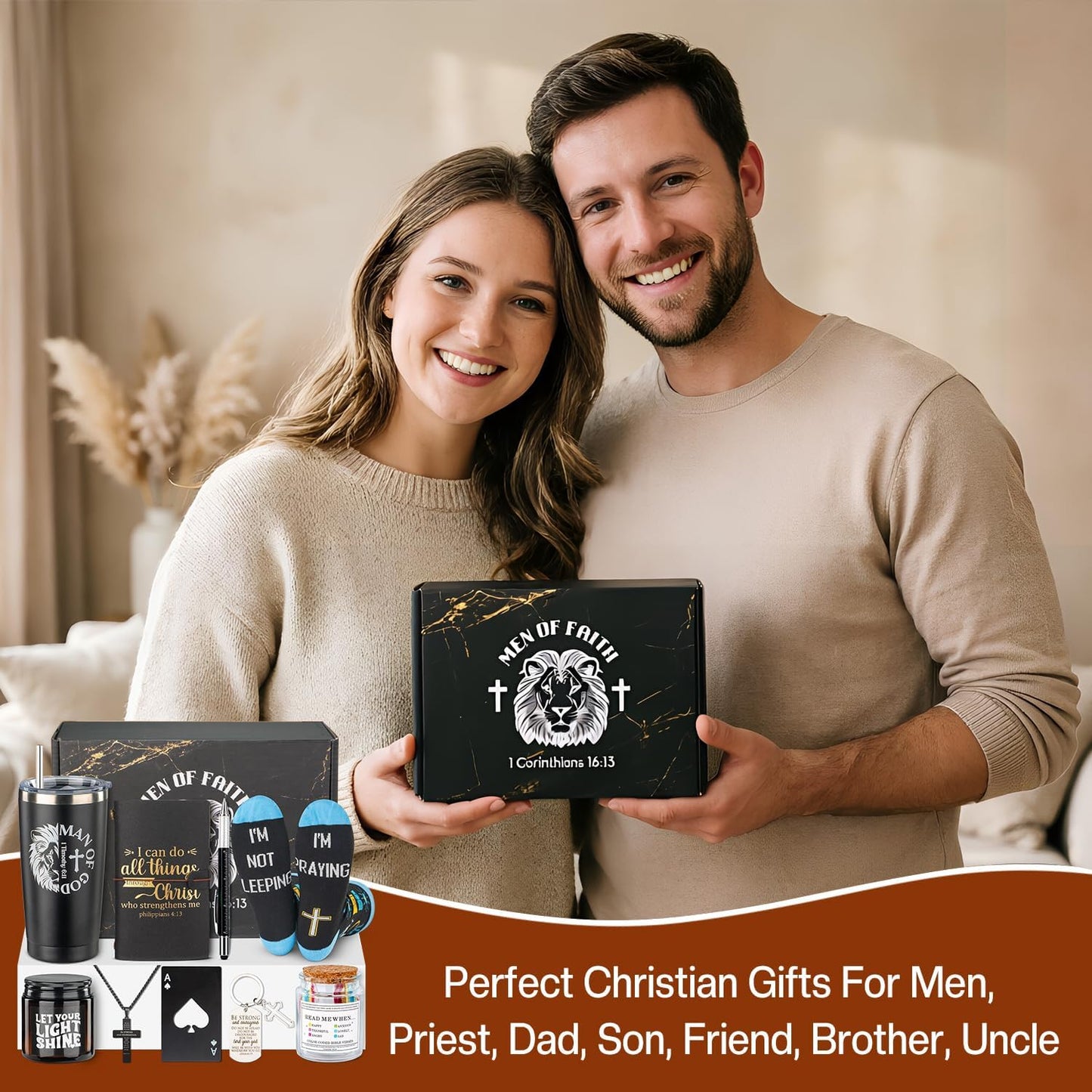 Christian Gifts For Men, Mens Easter Basket Stuffers, Catholic & Religious Gift For Men, God, Jesus, Faith Based Gifts With Prayer Jar, Bible Notebook, Encouragement Church Gifts For Pastor, Dad, Son
