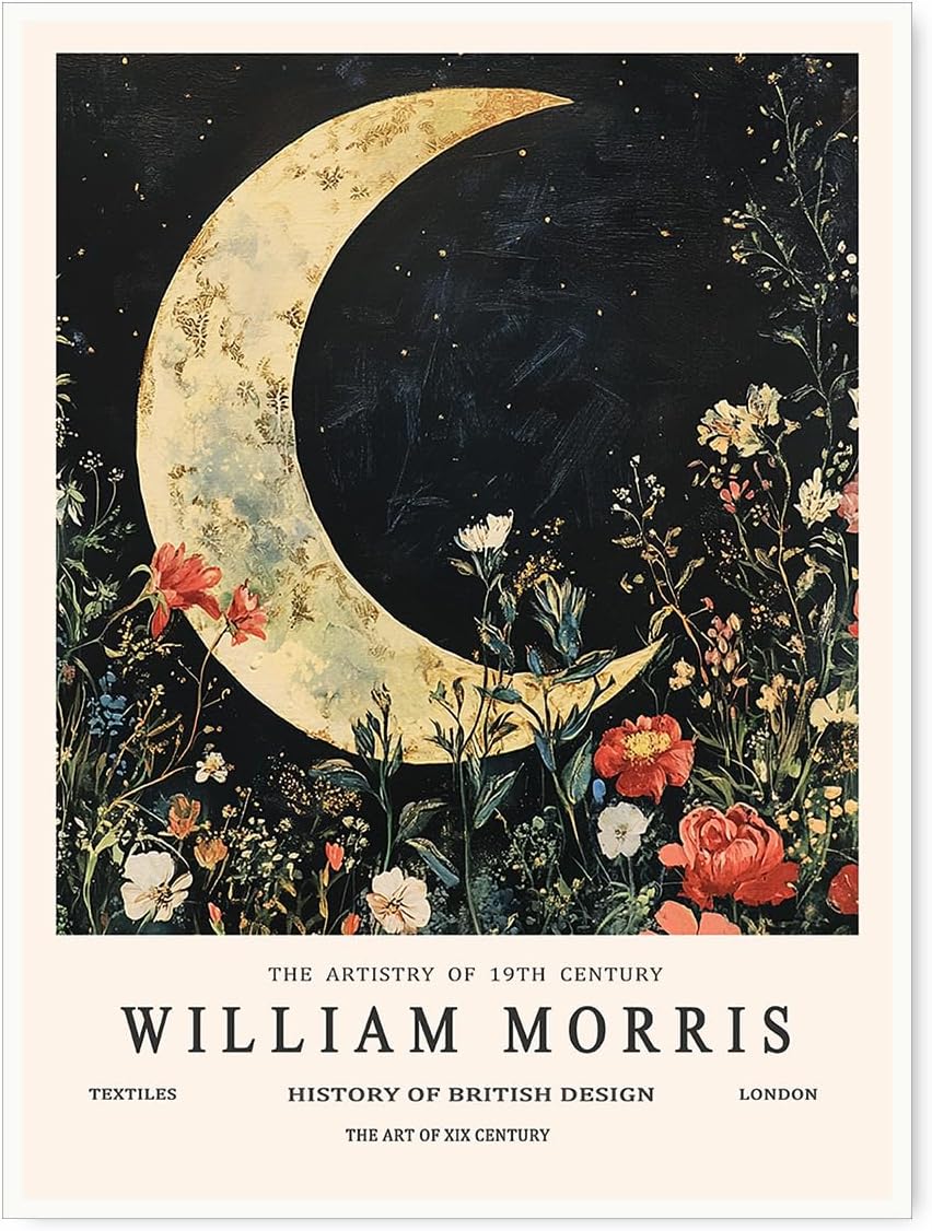 William Morris Style Moon Canvas Print Celestial Botanical Wall Art Gold Lunar Poster for Bedroom Meditation Nook or Bohemian Night Decor-11x14Inch Ready to Hang (Unframed)