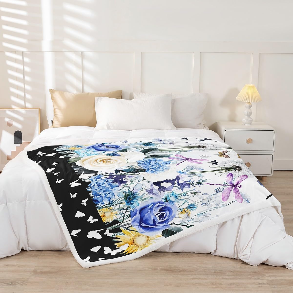 Erosebridal Dragonfly Fleece Blanket, Multicolor Floral Throw Blanket, Twin Size 60"x80", Soft and Warm, Perfect for Reading, Napping, Camping, Travel