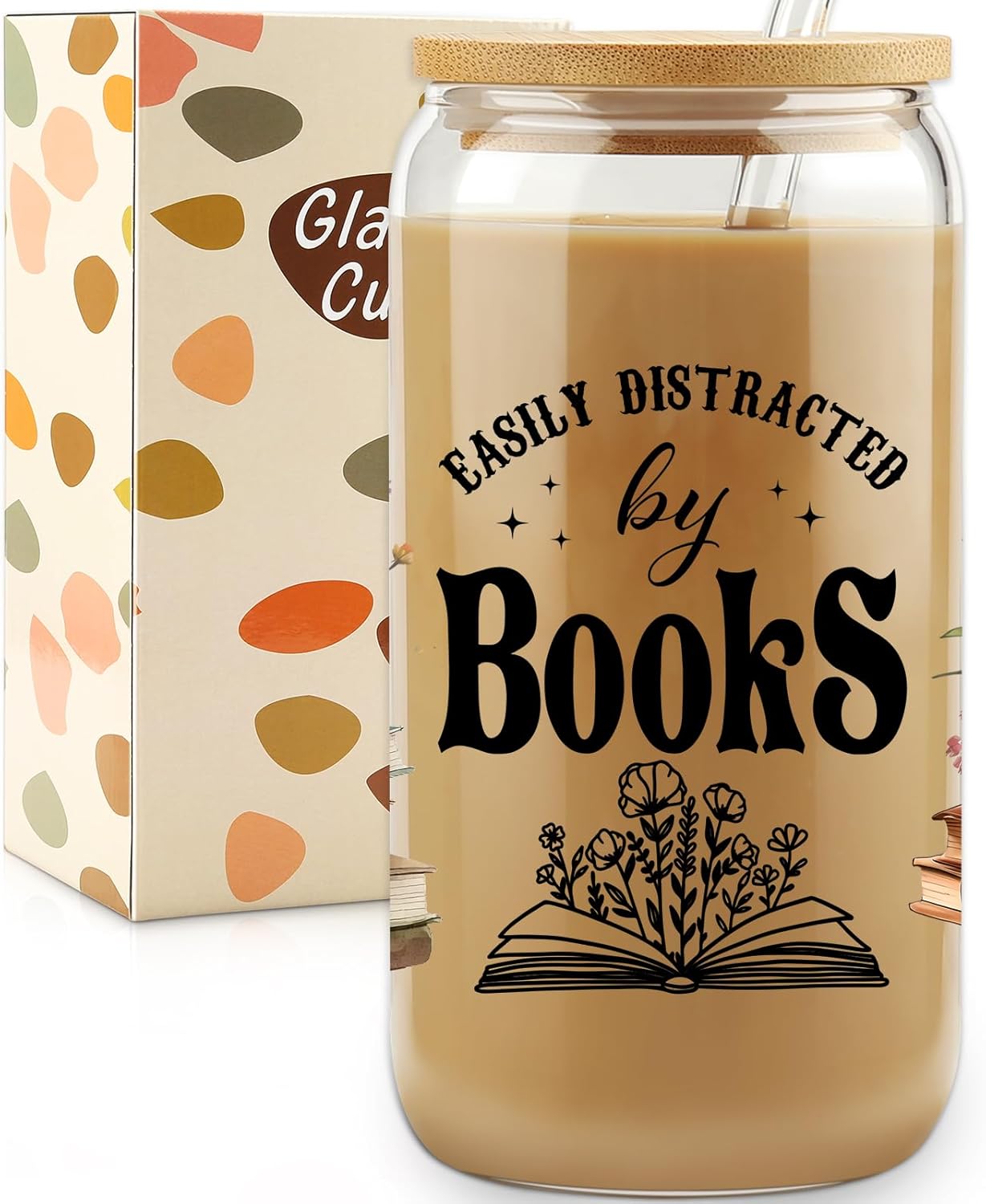 Book Lovers Coffee Glass Cups w/Lids Straws, Easily Distracted By Books Glass Cup, Bookish Gifts for Women, Birthday Gifts For Women Best Friend, Bookworm Club Gift, Student Reading Gift