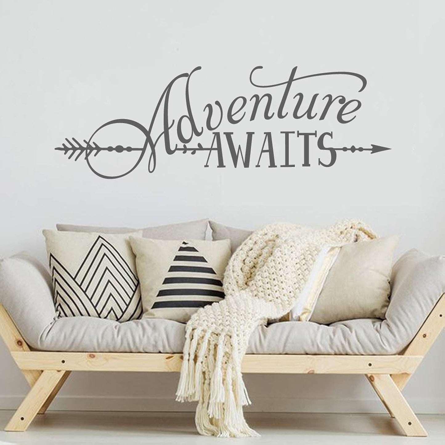BATTOO Adventure Awaits Wall Decal Quote, Vinyl Lettering with Arrow, Adventure Quote Travel Wall Decal Sticker 22" W 7.5" H, Tribal Theme Room Decor, Dark Gray