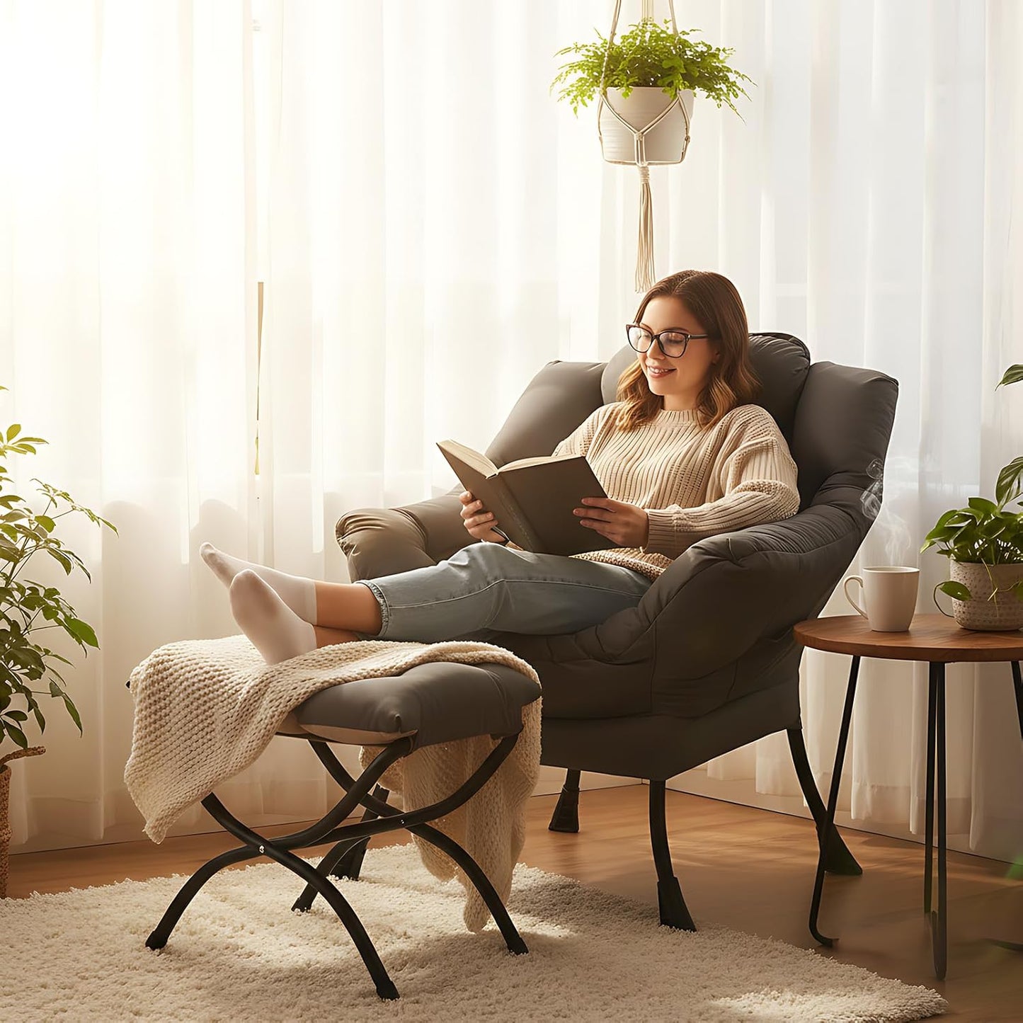 Lazy Chair with Ottoman, Modern Accent Lounge Armchair with Armrests and a Side Pocket & Foldable Footstool, Leisure Reading Chair for Living Room, Bedroom, Dorm & Office, Dark Grey