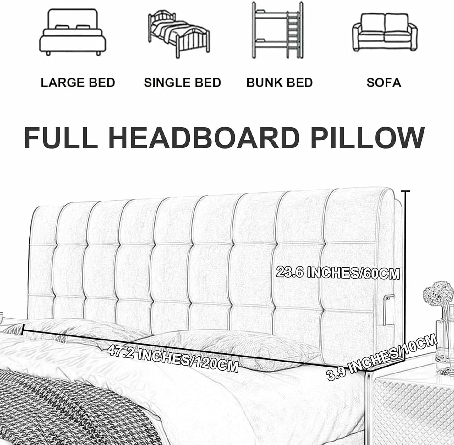 Pink,Straps/47x23x2In,Headboard Upholstered Bedside Pillow,Rectangular Lumbar Support Cushion Double Headboard Cushion,Large Backrest Bunk Bed Pillow with Removable Cover