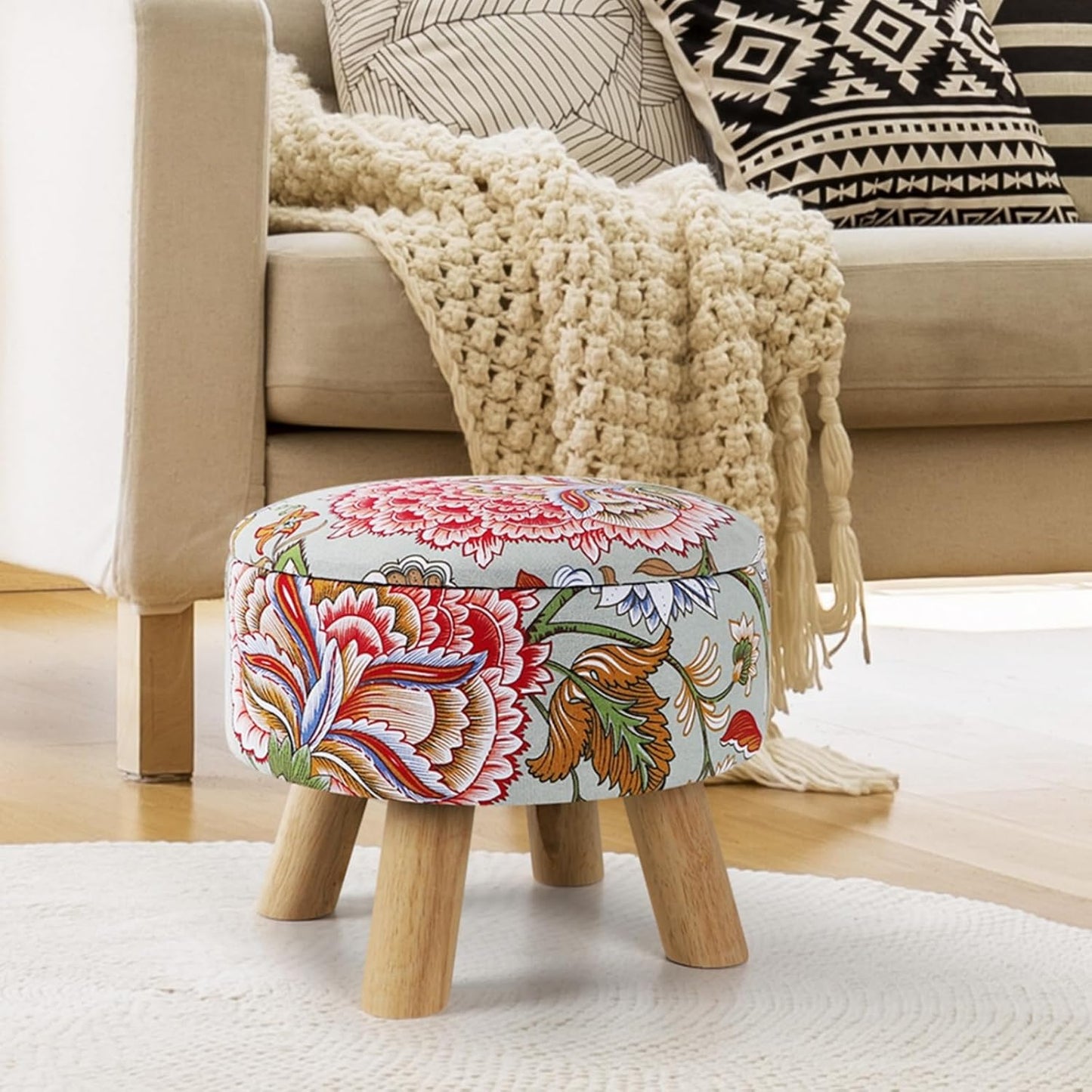 ETELI Storage Ottoman Round Small Foot Rest with Wood Legs Boho Footstool with Padded Seat Ottomans and Footstools for Couch Hallway Living Room Bedroom Enterway