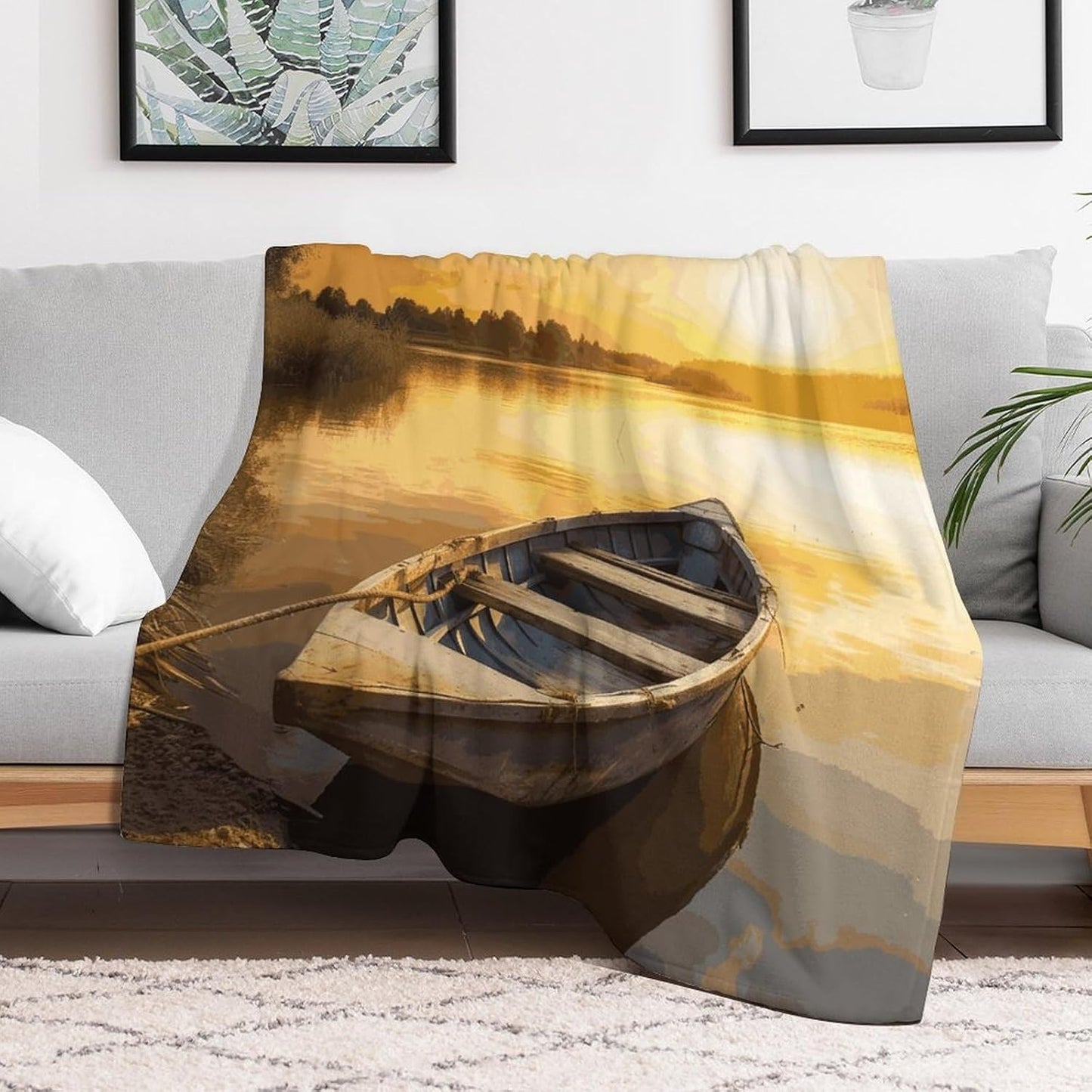 River Sunset Wooden Boat Blanket Super Soft Lightweight Throw Blanket Cute Cozy Warm Bed Blanket Decorative Fuzzy Blanket All-Season Home Decor Gift for Sofa Couch Living Room 30"*40"（76 * 100cm）