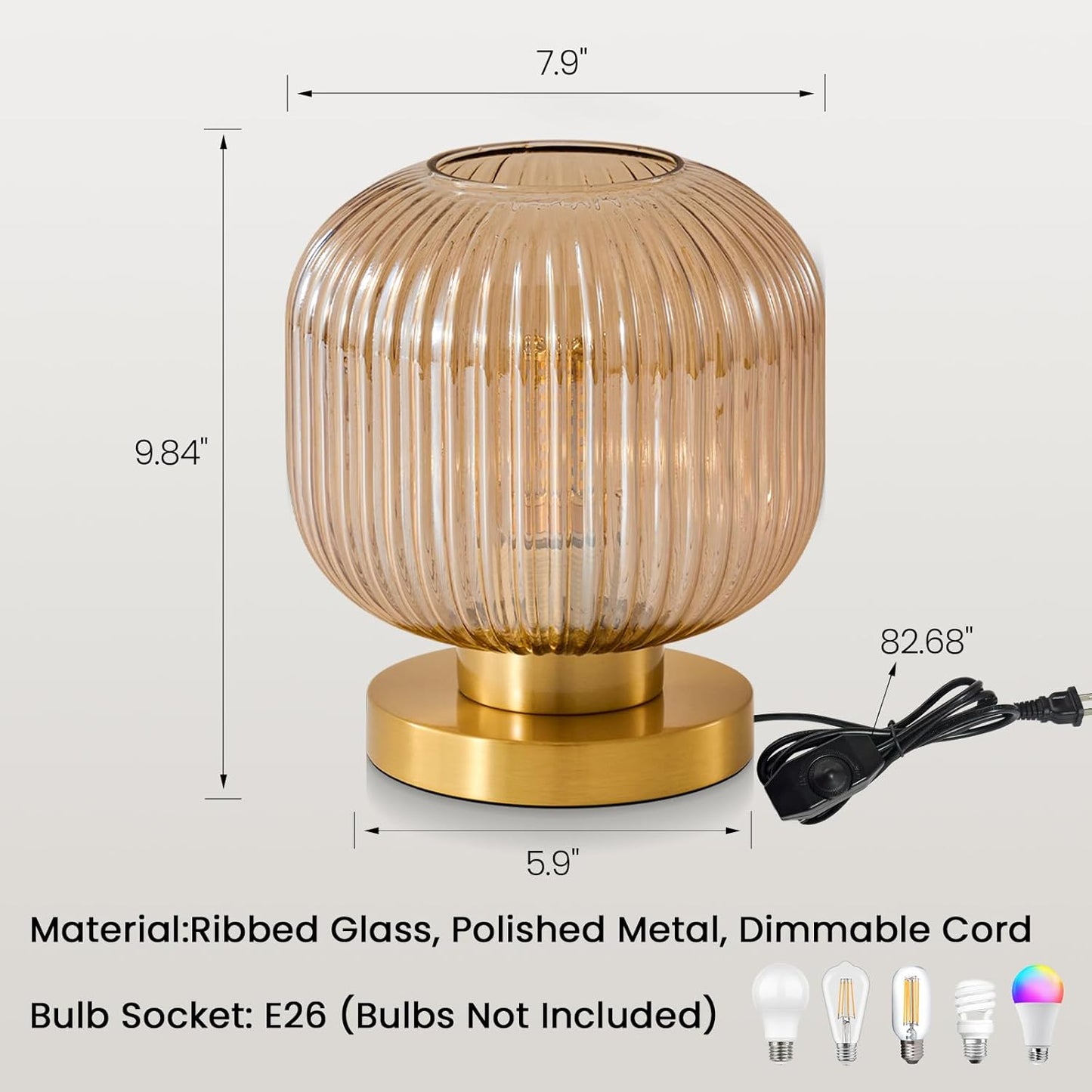 Mid Century Globe Table Lamp: Amber Vintage Pumpkin Ribbed Glass Dimmable Plug in Bedside Lamps - Cute Brass Gold Modern Side Table Lamp Nightstand Light for Bedroom Entryway Office Desk Living Room