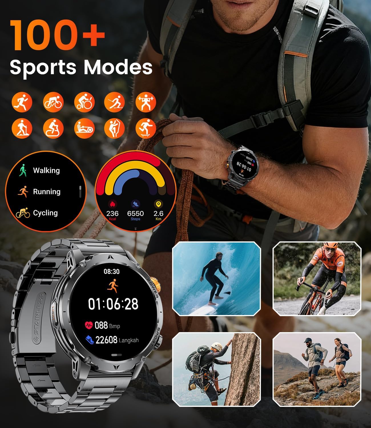 LIGE Military Smart Watches for Men(3 Bands),1000mAh Battery/1.7" HD Large Screen Smartwatch, Flashlight/120+ Sports Modes/Sleep Monitor, 5ATM Waterproof Fitness Tracker Watch for Android iOS,Black
