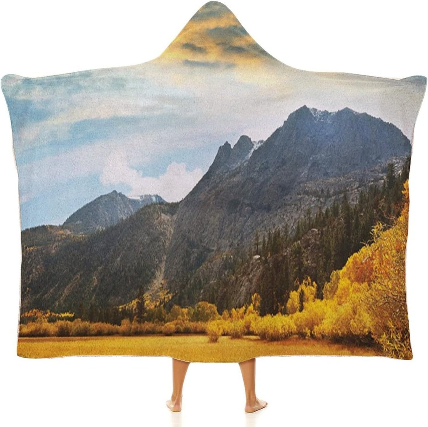 Throw Blankets, Woodland Wearable Hooded Blanket for Adults, Autumn in Mountain Golden Colored Grassland Sun Rays, Soft Warm Cozy, 60 x 80inches, Studying Reading Snuggling Napping Office