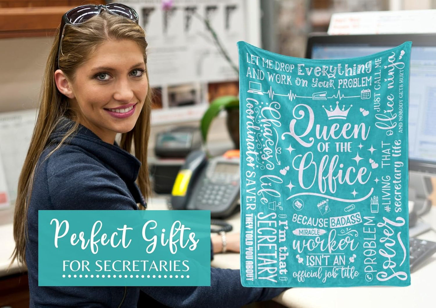 Secretary Gifts for Woman, Throw Blanket for Secretaries' Day Administrative Professional Day Gifts for Appreciation, Christmas, Birthday - 50" x 65" Queen of The Office Teal