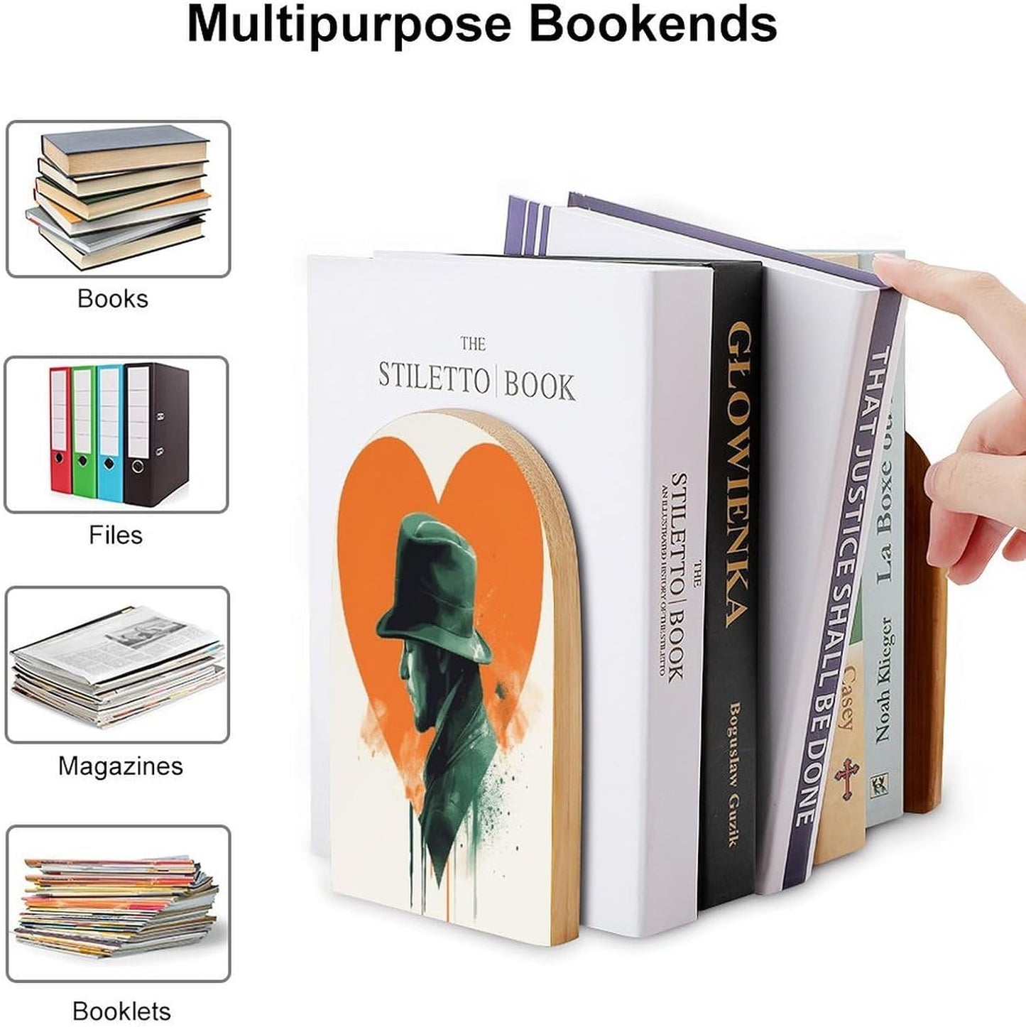 Man Silhouette Bookend for Shelves Wooden Book End Large Size Sturdy Book Holders Stoppers with Metal Base for Bookshelves Slick Decorative Bookends Stands