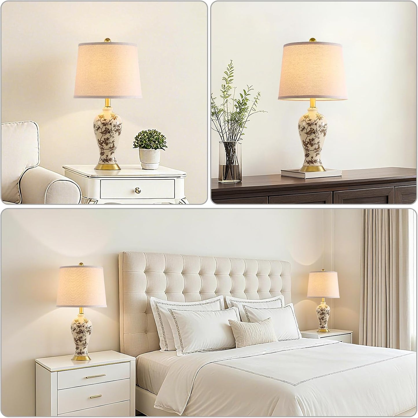 RORIA 24" Chinoiserie Ceramic Small Table Lamps Set of 2 for Living Room, Bird Pattern Branch Traditional Table Lamp for Bedroom Nightstand Entryway, 2 LED Bulbs Included