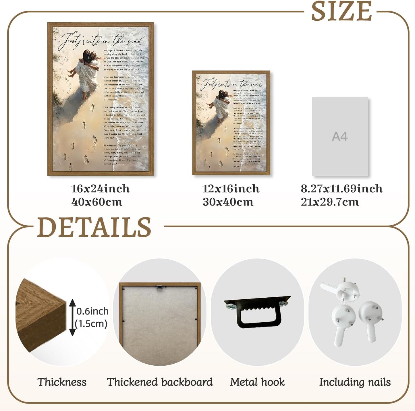 Clicyre Footprints in the Sand Christian Wall Art, Jesus Holding Child Canvas Print, Inspirational Bible Verse Poem Scripture Beach Artwork for Bedroom Prayer Room Church Wood Framed 16x24 Inch
